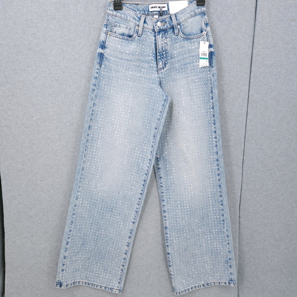 DKNY Jeans Studded High Rise Wide Leg‎ Tall Blue Denim Pants Womens Size 24 NWT